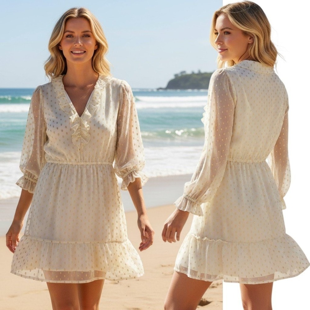 LOFT Dress Women MP Ivory Gold Metallic Clip‎ Dot Ruffle Boho Bridal Whimsical